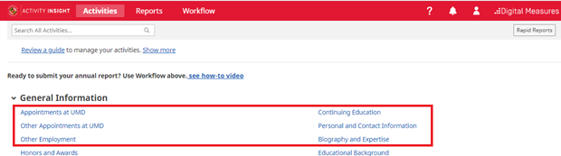 Activities screen and linked activity topics