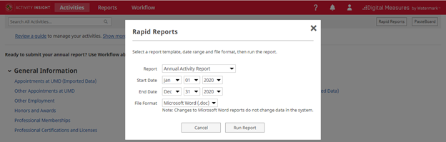 rapid reports menu