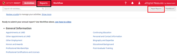 Location of Reports and Rapid Reports buttons