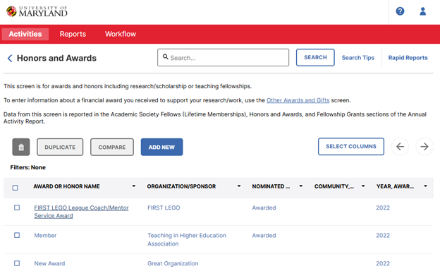 Activity Summary Screen example