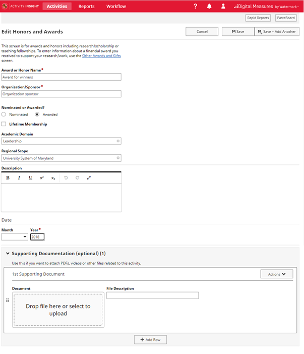 Activity Edit screen example