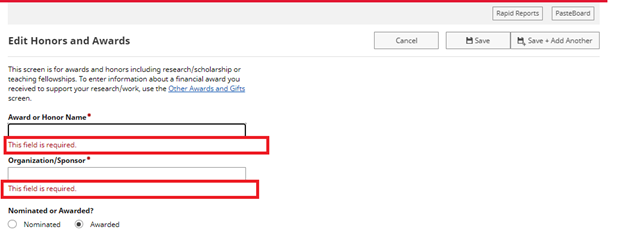 Missing Required Fields error messages