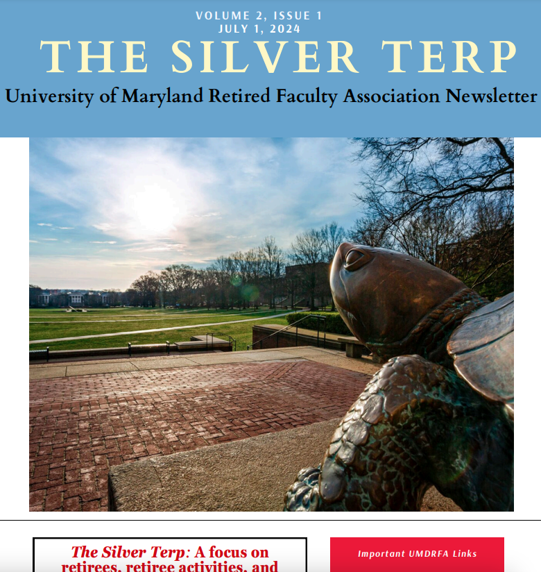 Front page of The Silver Terp, July 2024 edition, Volume 2, Issue 1, featuring Tesudo overlooking the mall from McKeldin Library with the Thomas V. Miller, Jr. Administration building in the distance.
