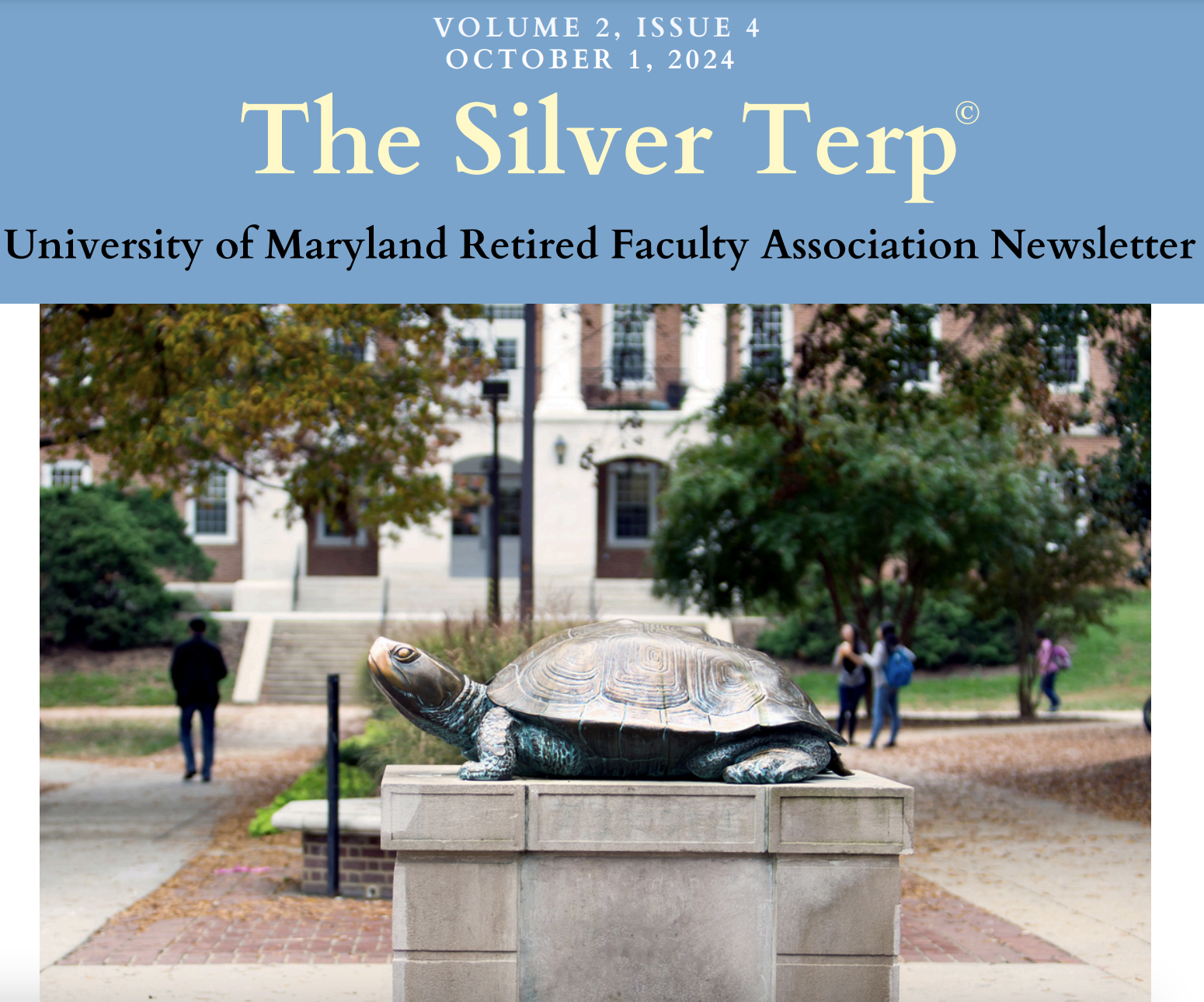 Front page of the October edition of the University of Maryland Retired Faculty Association Newsletter. Image of Testudo statue with Chincoteague Hall in the background.