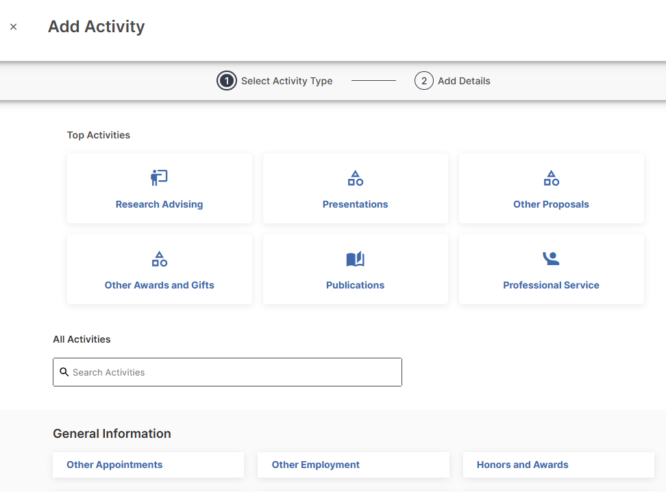 Add Activities page with the six most frequently used categories listed first