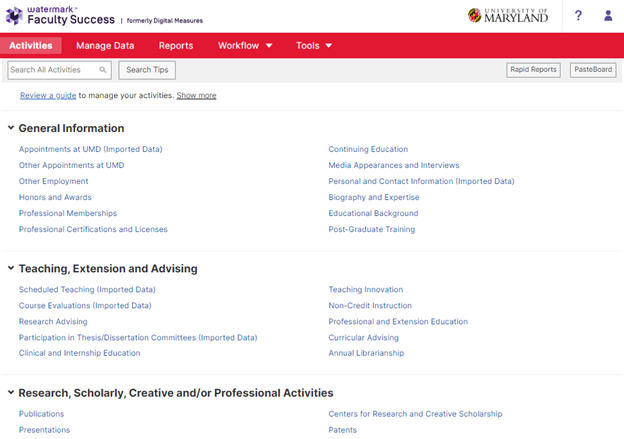 Main Activities screen of Faculty Success