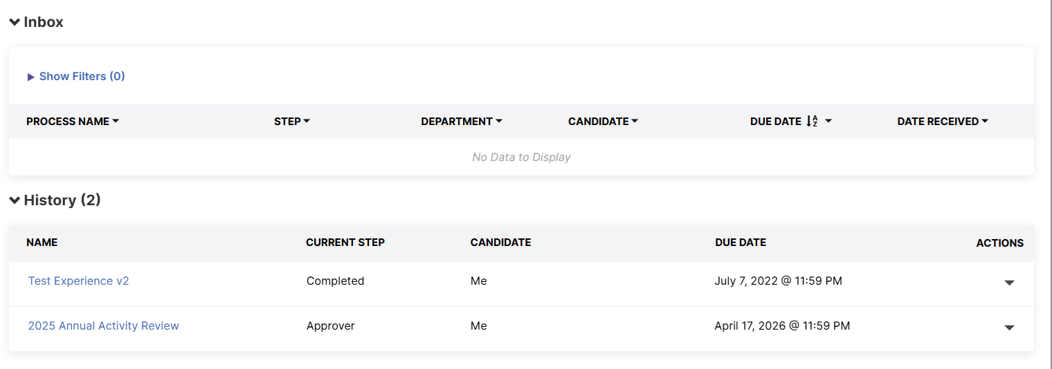 Workflow Tasks screen with entry in History section