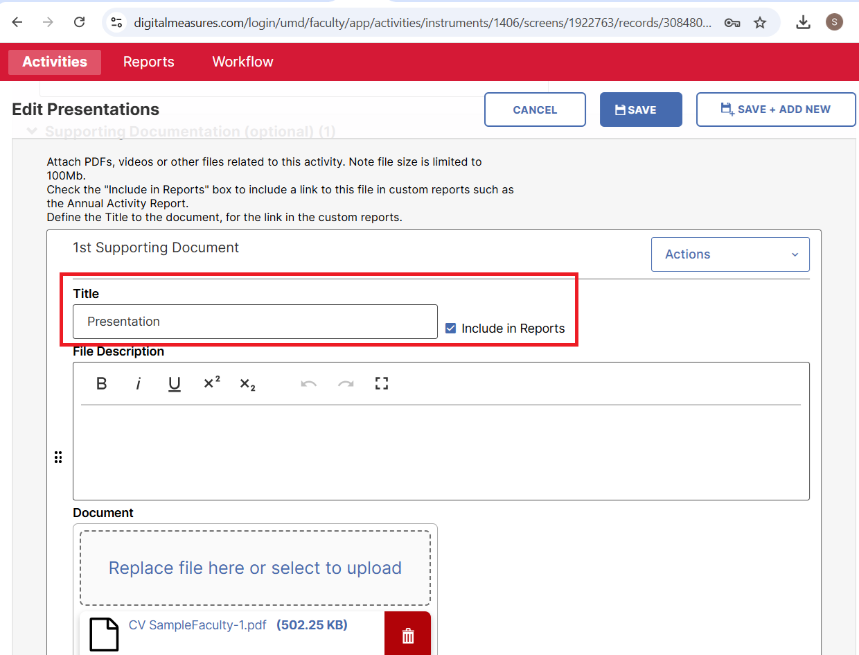 location of Include in Reports checkbox on activity data screen