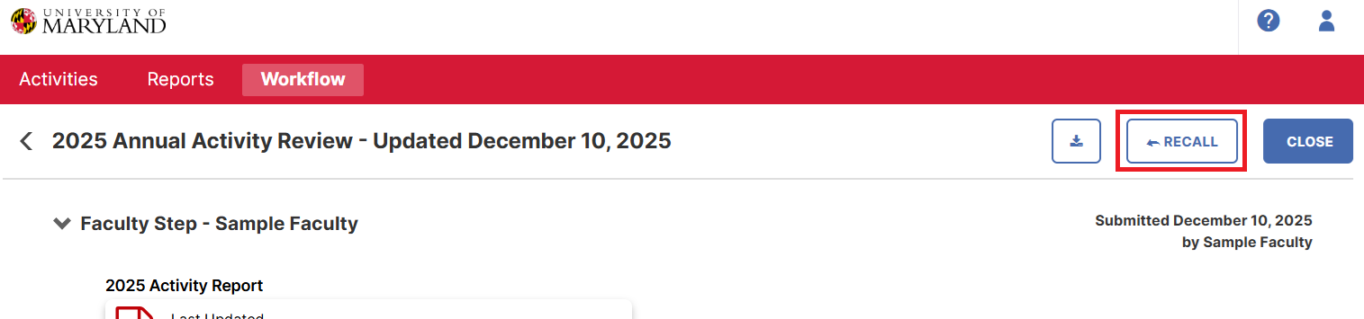 recall button on submitted faculty step