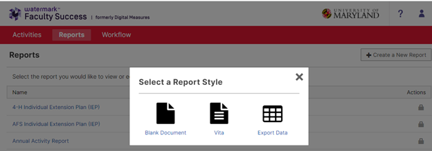 The three report styles available: Blank Document, Vita and Export Data